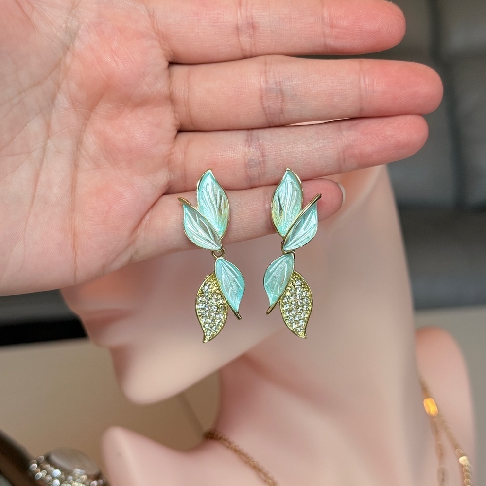 Gold Aqua Leaf Drop Earrings with Crystals - Picture 10 of 10